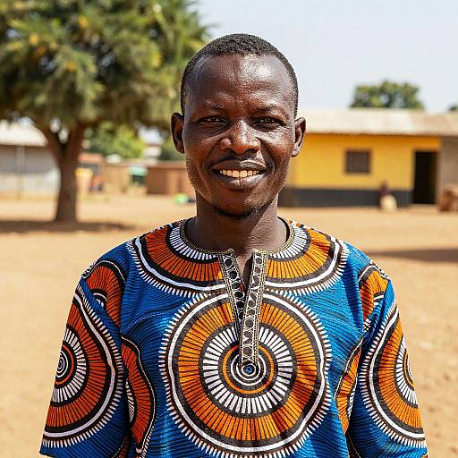 Photograph of smiling African man with dark skin, short hair, wearing vibrant blue and orange patterned traditional shirt, standing in sunlit, rural setting