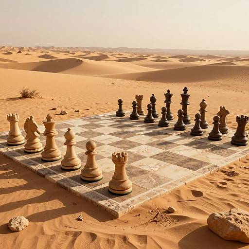 Photograph of a giant chessboard in a desert with oversized black and white chess pieces, set against golden sand dunes under a bright, clear sky