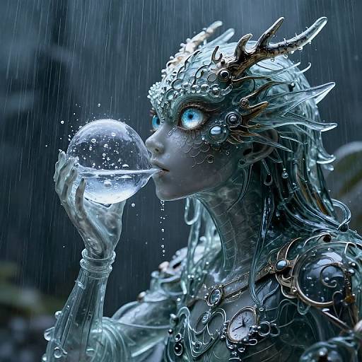 Digital art of a blue-eyed, water-themed mermaid-like creature with intricate silver armor, holding a glowing, water-filled orb in the rain.