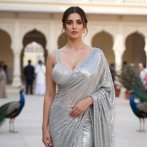 Photograph of a brunette woman with fair skin, wearing a sparkling silver sequin saree, standing confidently in an elegant courtyard with peacocks,