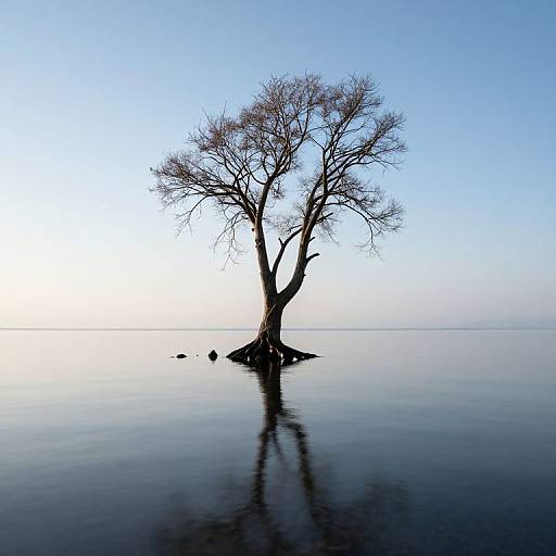Photograph of a solitary, leafless tree standing in calm, reflective water under a clear, blue sky at sunrise or sunset.