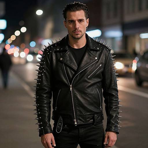 Photograph of a serious, dark-haired man in a black spiked leather jacket and black shirt, standing on a nighttime city street with blurred car lights in
