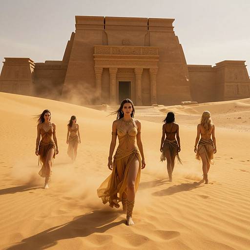 Photograph of five women in gold, ancient Egyptian-style attire walking through golden sand towards a large, sunlit temple in the background.