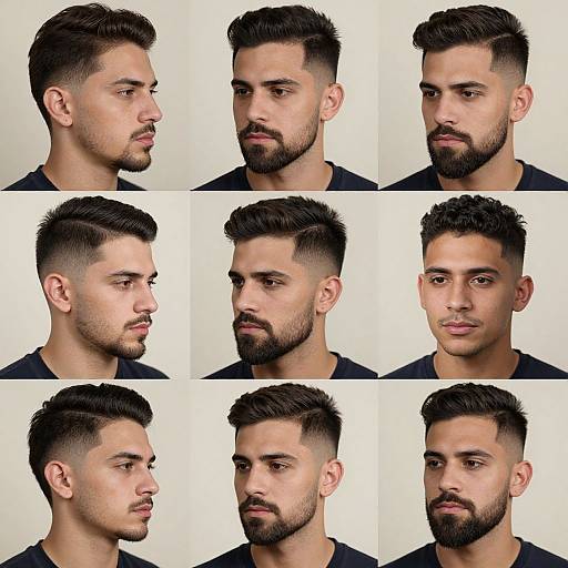 Photograph of a bearded man with short, styled black hair in nine different profiles, showcasing various side and front views.