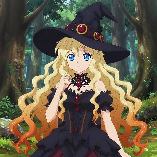 Anime-style drawing of a blonde witch with blue eyes, wearing a black hat adorned with red gems, and a black lace dress, standing in a lush