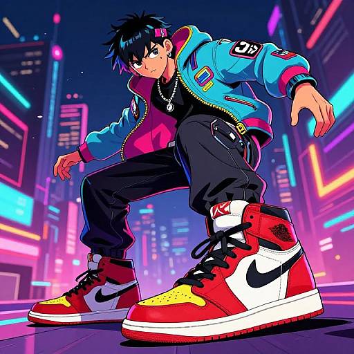 Digital anime-style drawing of a young man with spiky black hair, wearing a blue jacket, black pants, and red Nike Air Max sneakers, posing