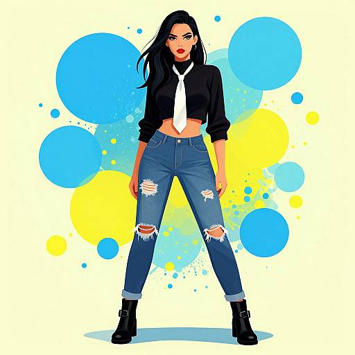 Digital illustration of a confident woman with long black hair, wearing a black crop top, white tie, ripped blue jeans, and black boots, standing against