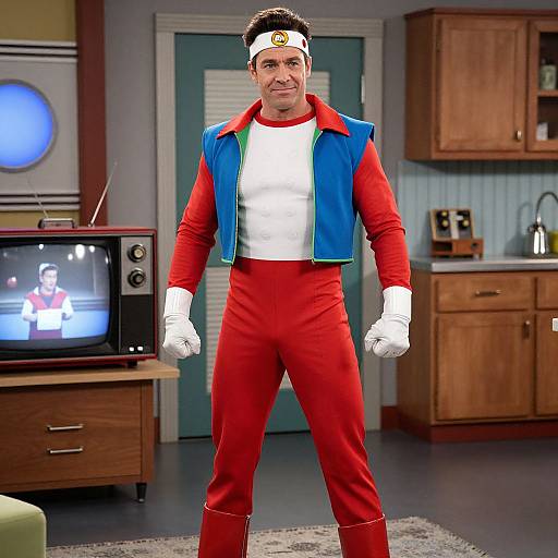 Photograph of a man in a red superhero outfit with blue vest, white shirt, gloves, and headband, standing in a retro kitchen with vintage