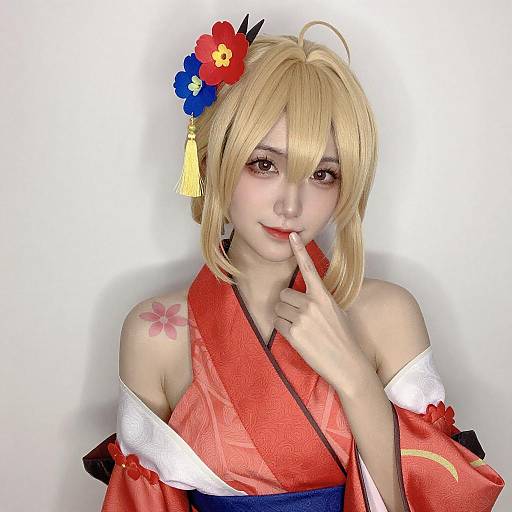 Asian Woman in Blonde Kimono Cosplay