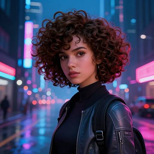 Digital art of a curly-haired woman with dark skin and full lips, wearing a black leather jacket, standing in a neon-lit, rainy city street