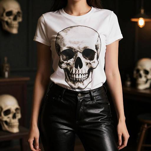 Woman Wearing Skull Print T-Shirt and Leather Pants