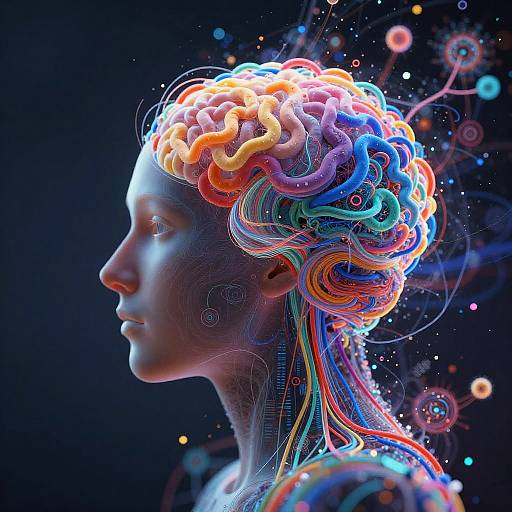 Digital art of a profile view of a human head with a colorful, neon-lit, swirling brain against a dark background.