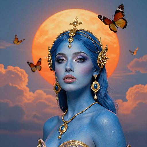 Digital artwork of a blue-skinned woman with ornate gold jewelry, wearing a blue headpiece, against a sunset sky with a large orange moon and