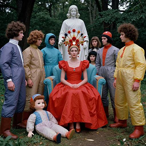 Photograph: Woman in red dress, feathered headdress, central, surrounded by eight people in colorful jumpsuits, white doll, and white statue