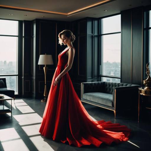 Woman in Elegant Red Gown in Luxury Penthouse