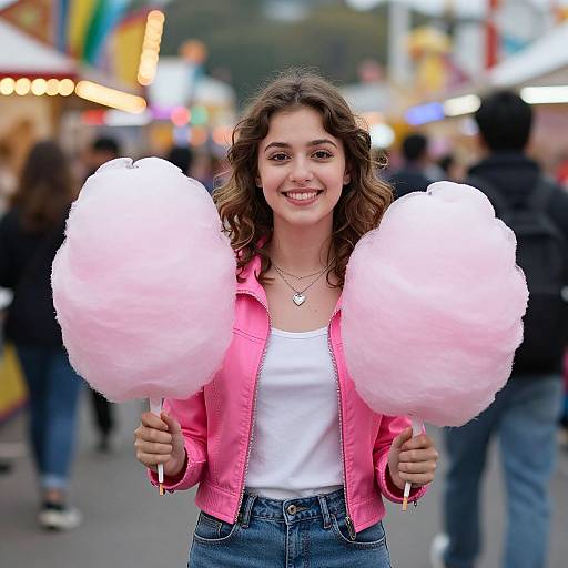 Photograph of a smiling young woman with curly brown hair, wearing a pink jacket and white top, holding two large pink cotton candy clouds at a colorful