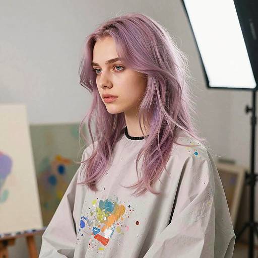 Photograph of a young woman with lavender hair, wearing a white paint-splattered sweatshirt, standing in an artist's studio. Bright studio light