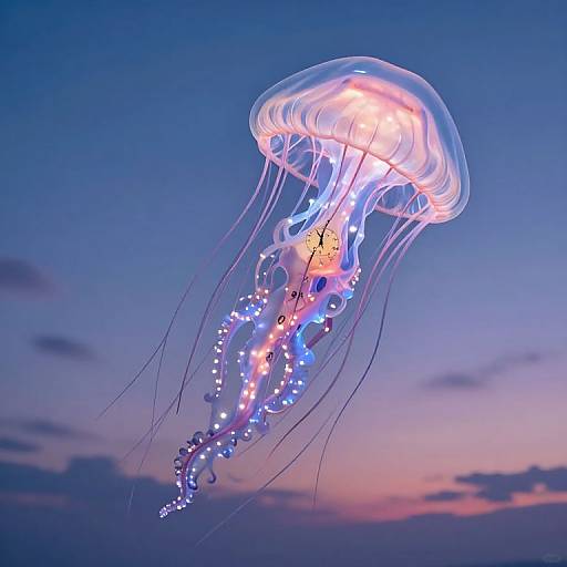 Photograph of a glowing, bioluminescent jellyfish with pink, blue, and white lights against a twilight sky with purple and pink hues.