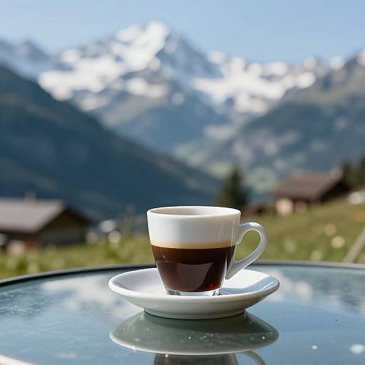Photograph of a white coffee cup with espresso, on a saucer, on a glass table, with a blurred mountain landscape background and clear blue sky