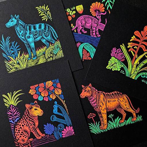 Vibrant neon-colored animal illustrations on black paper: blue wolf, pink deer, orange cheetah, and yellow fox with colorful flora. Digital