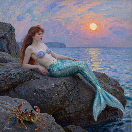Digital painting of a red-haired mermaid with a shimmering blue tail, sitting on rocky sea cliffs at sunset, beside a crab.
