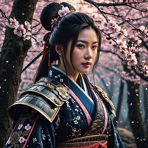 Mystical Samurai Princess in Cherry Blossom Forest