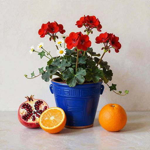 Matte Blue Pot with Vibrant Flowers