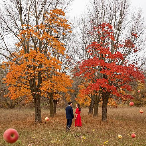 Photograph of a couple in autumnal red and blue standing among vibrant orange and red trees, surrounded by scattered apples in a grassy field.
