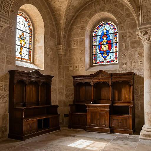 Photograph of a stone-walled church interior with two arched stained-glass windows and dark wooden pews under soft sunlight.