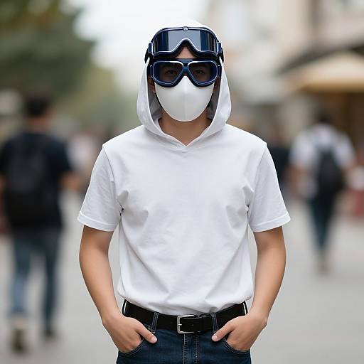 Photograph of a man in a white hooded mask, white shirt, black jeans, black belt, and oversized goggles, standing in a blurred,