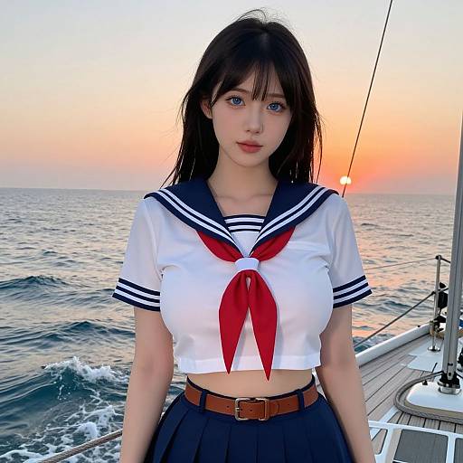 Photograph of an Asian woman with long black hair, wearing a Japanese schoolgirl outfit, standing on a boat at sunset. Ocean waves and a fishing