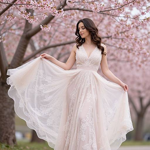 Photograph of a fair-skinned woman with long, wavy dark hair, wearing a white lace, sleeveless, V-neck wedding dress, holding