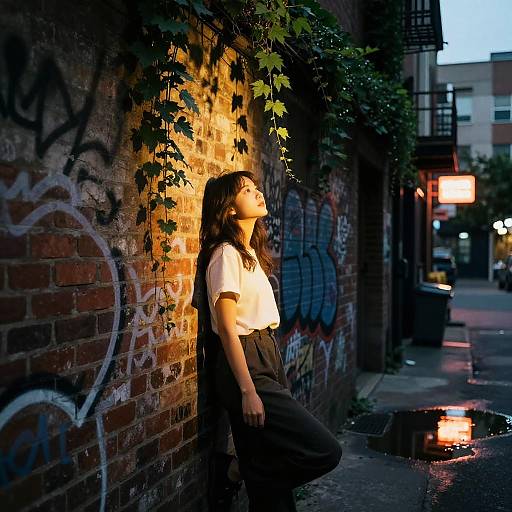 Photograph of a young woman with long brown hair, white blouse, and black pants, leaning against a graffiti-covered brick wall, illuminated by warm street