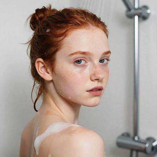 Realistic Close-Up of Redhead in Shower