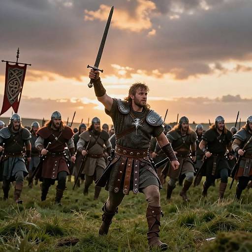 Photograph of a bearded, muscular warrior in medieval armor raising a sword, leading a fierce, armored army at sunset in a grassy field.