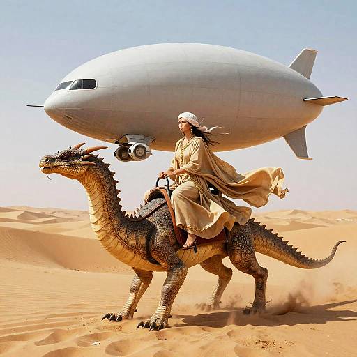 Sorceress Riding Sand Wyrm with Zeppelin in Desert