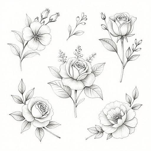 Black and white floral illustration: seven detailed, intricately drawn roses and lilies with delicate leaves and buds on a white background.
