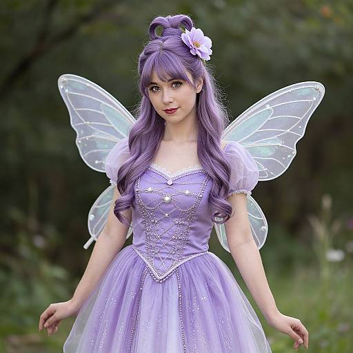 Photograph of a young woman with long purple hair, wearing a lavender fairy dress, white puffed sleeves, translucent wings, and a white flower hair
