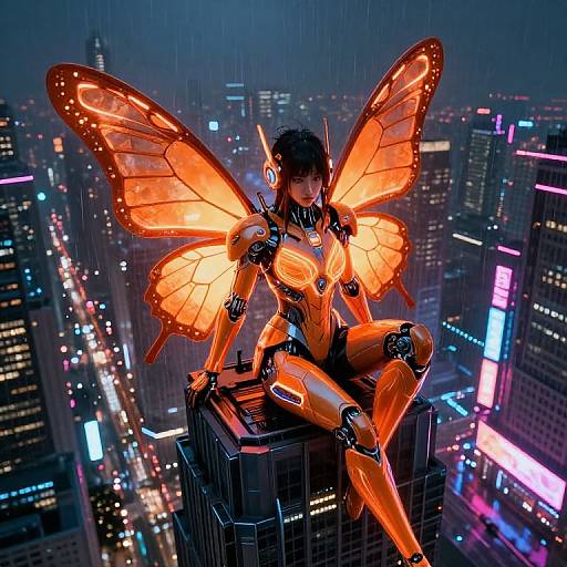Cybernetic fairy with glowing orange wings and neon armor, sitting atop skyscraper in vibrant, neon-lit futuristic cityscape at night.