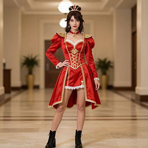 Photograph of an Asian woman with dark hair, wearing a red, gold-trimmed, Victorian-style dress and black boots, standing confidently in a