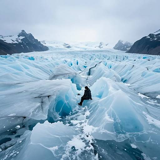 Photograph of a lone climber navigating a vast, icy glacier with towering blue and white ice formations under a bright, overcast sky.