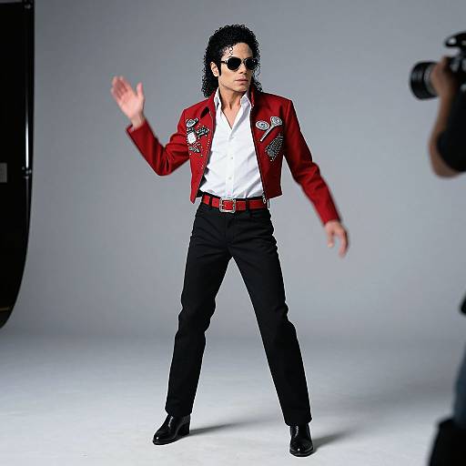 Photograph of a man with curly black hair, wearing a red jacket with patches, white shirt, black pants, and sunglasses, posing confidently with raised