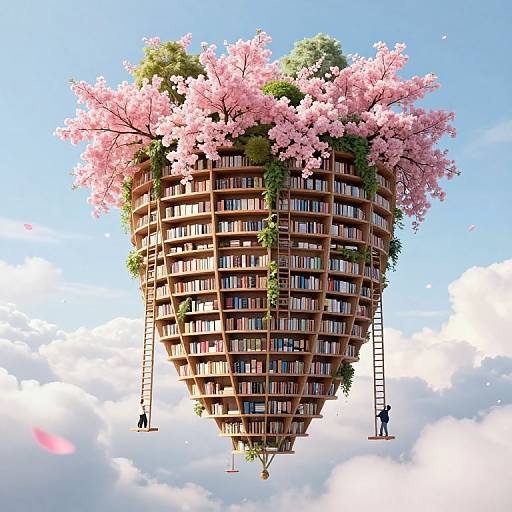Digital artwork of a floating, heart-shaped library with pink cherry blossoms, wooden shelves, and two ladders, against a blue sky.