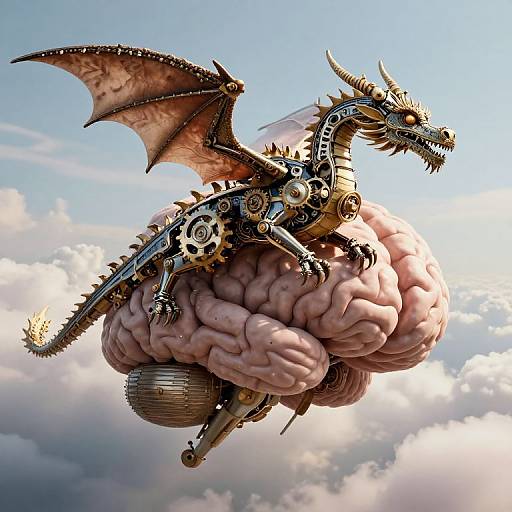 Digital artwork of a mechanical, steampunk dragon with brass gears and wings, perched on a floating, pink, human brain-shaped orb against a