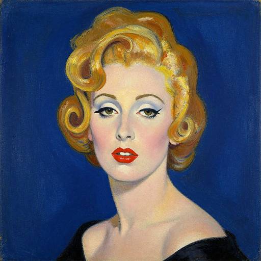 Vintage-style digital portrait of a fair-skinned woman with curled blonde hair, red lipstick, black eyeliner, and black off-shoulder top,