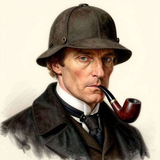 Digital painting of a serious, blue-eyed man in a brown hat, black coat, white shirt, and black tie, holding a wooden pipe. White