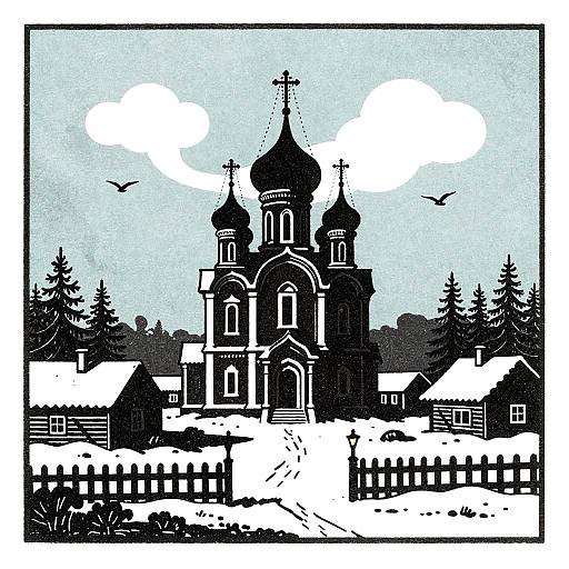 Russian Lubok Style Onion Dome Church Illustration