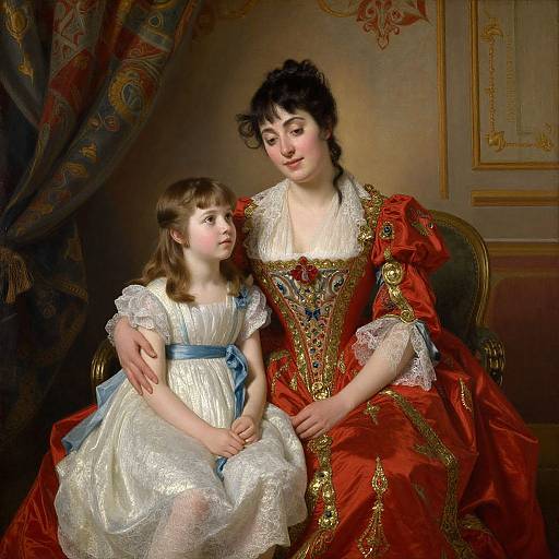 Classical Oil Painting of Mother and Daughter