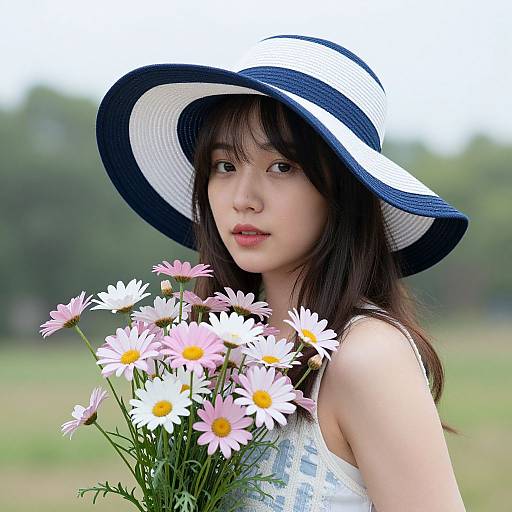 Young Woman with Wide-Brimmed Hat and Daisies