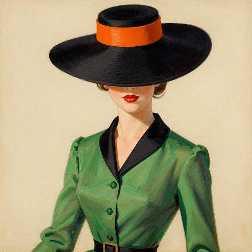 Digital painting of a fashion mannequin with a large black hat with an orange band, green blouse, and red lips.
